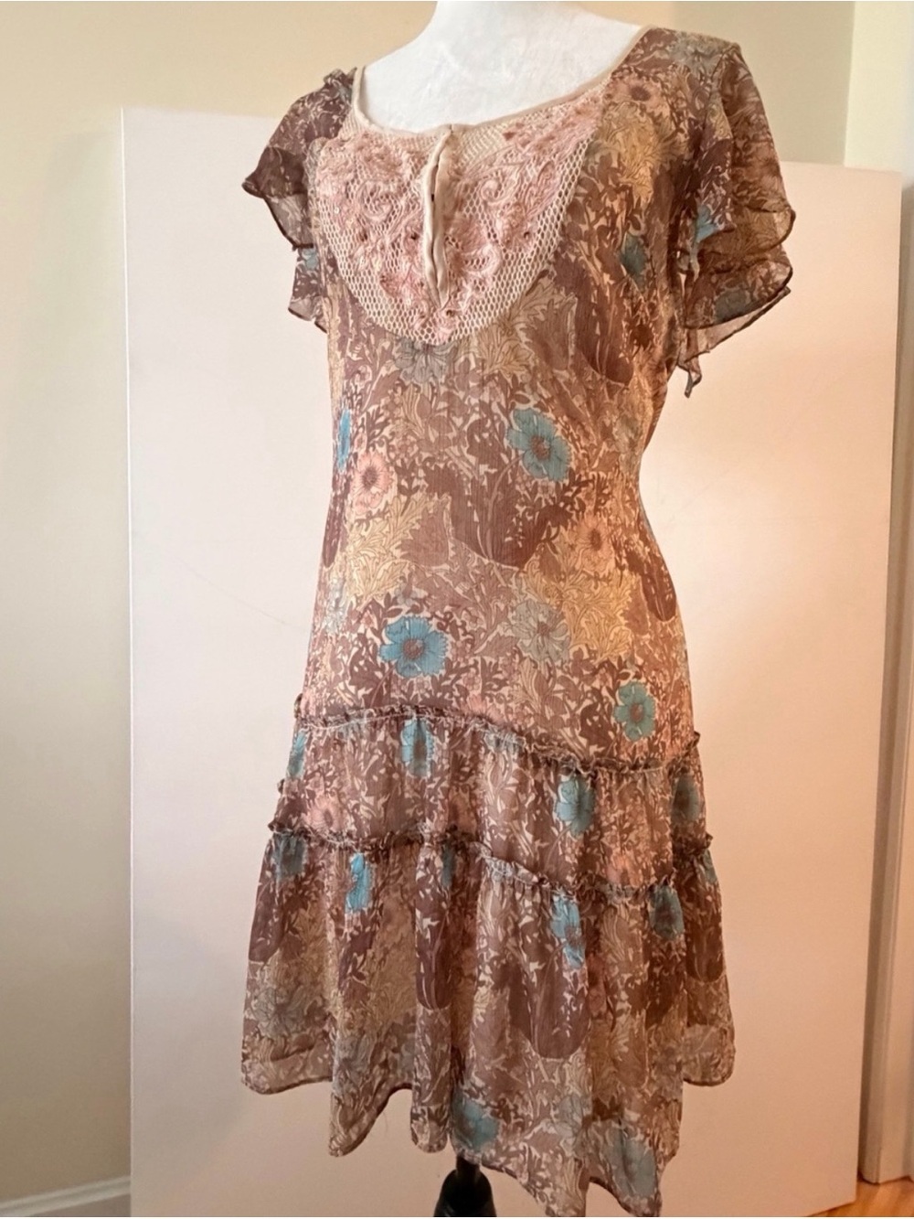 Brown & Blue Floral Chiffon Tiered Dress